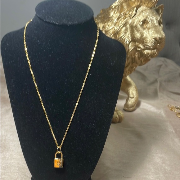Gold Lock Pendant Necklace stamped on both sides